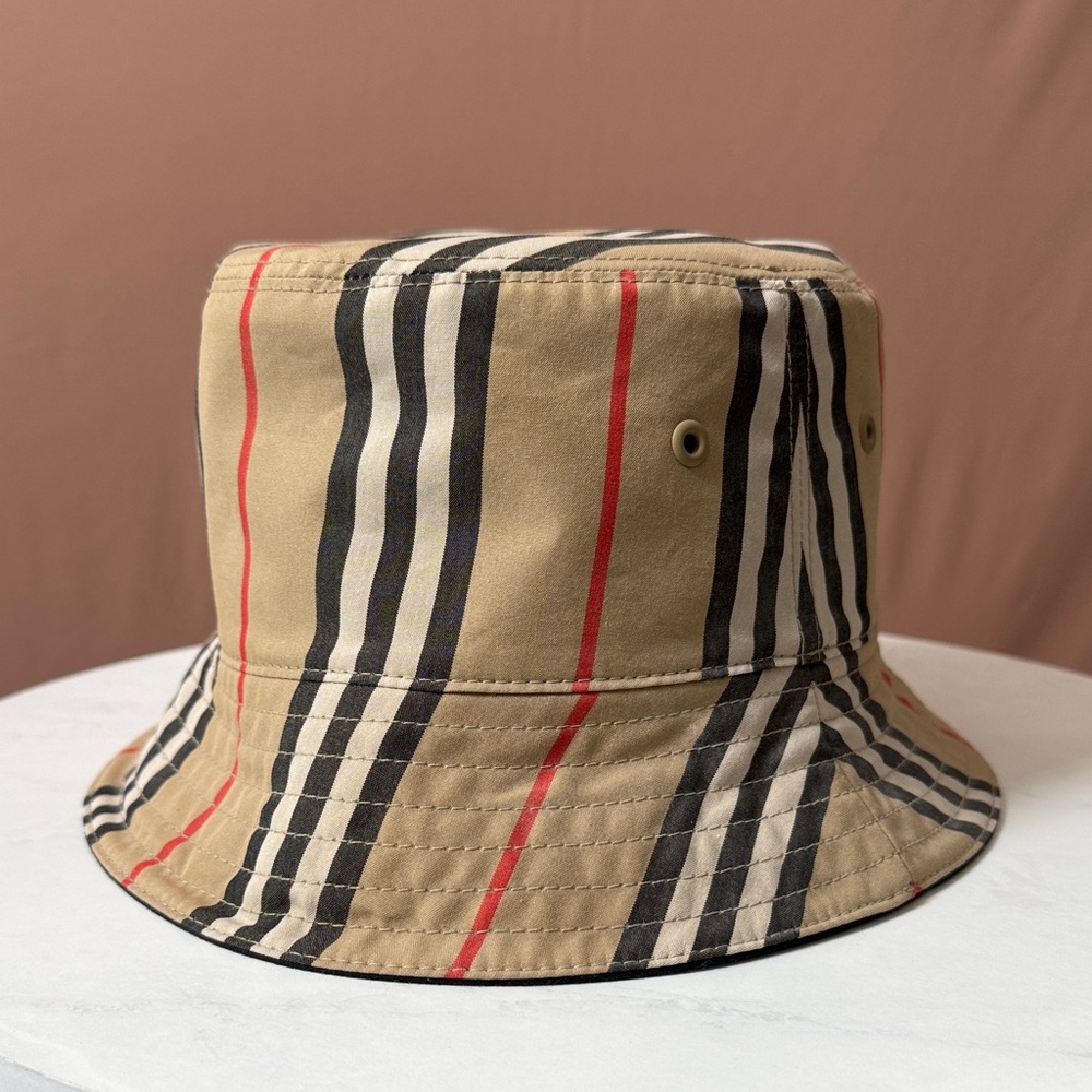 Burberry Reversible Tan and Black Striped Bucket Hat